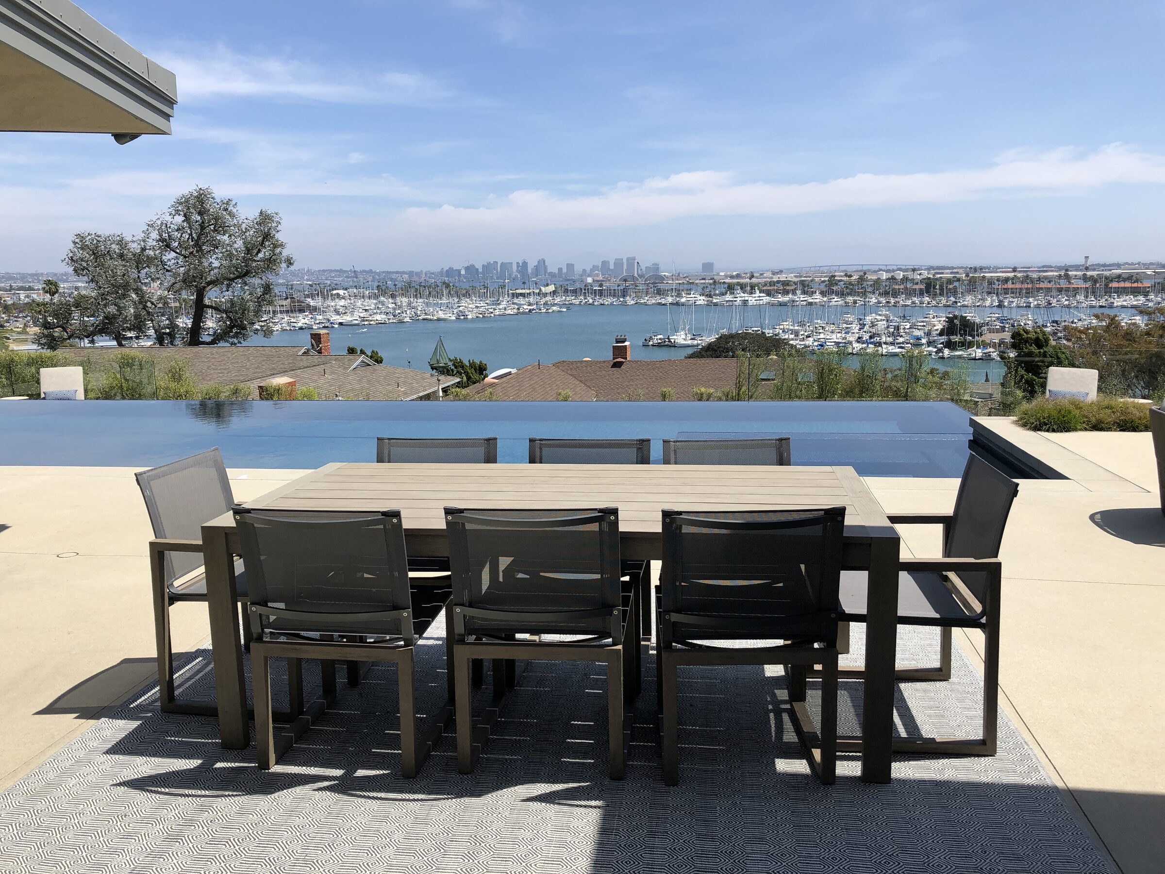 Luxury rooftop terrace with infinity pool overlooking harbor