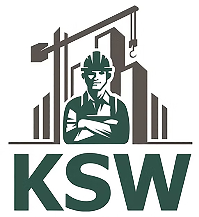 KSW Construction Management logo with crane, buildings, and figure in hard hat