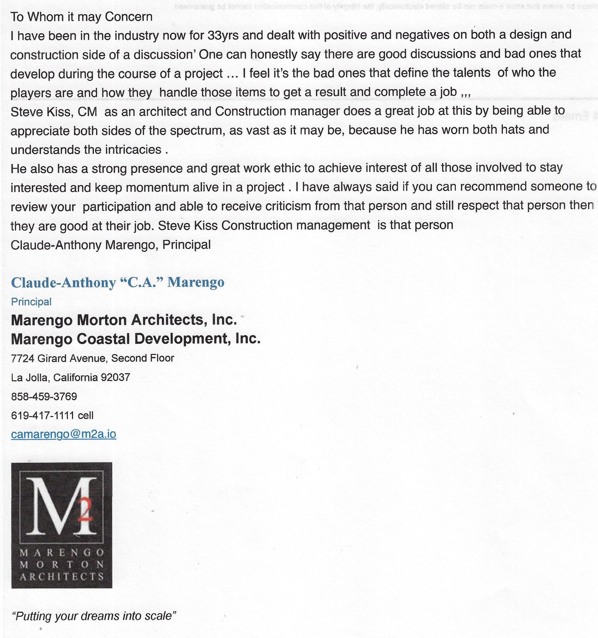 Letter of Recommendation from C.A. Marengo, Marengo Morton Architects