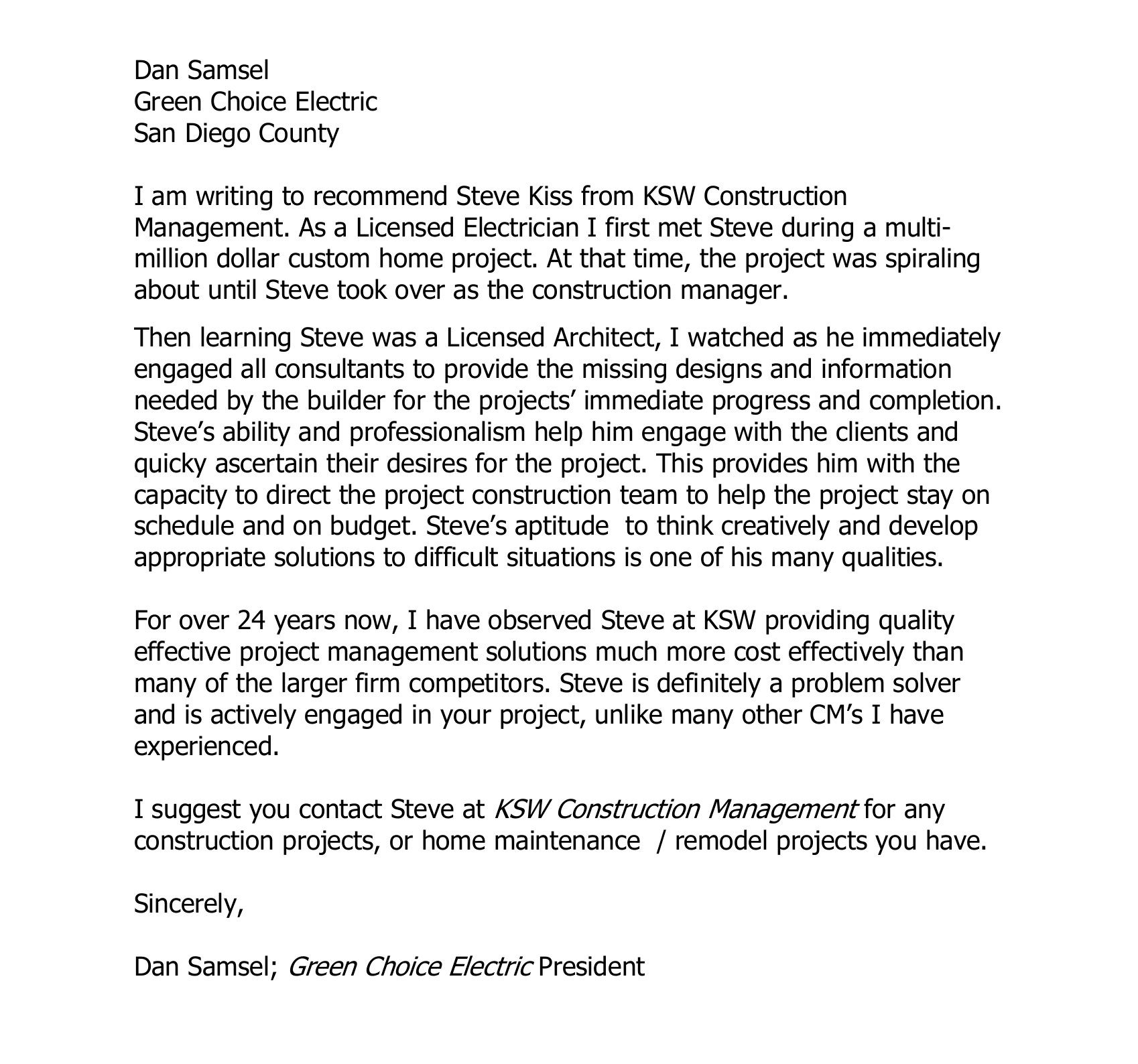 Letter of Recommendation from Dan Samsel, Green Choice Electric