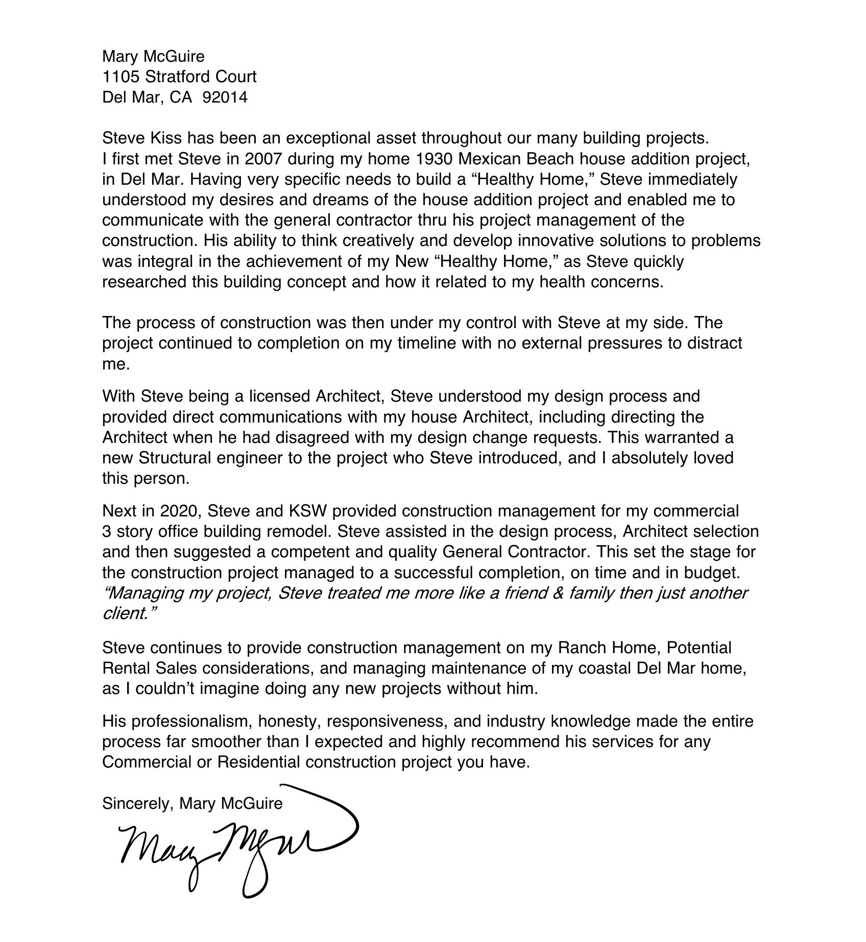 Letter of Recommendation from Mary McGuire, Del Mar homeowner
