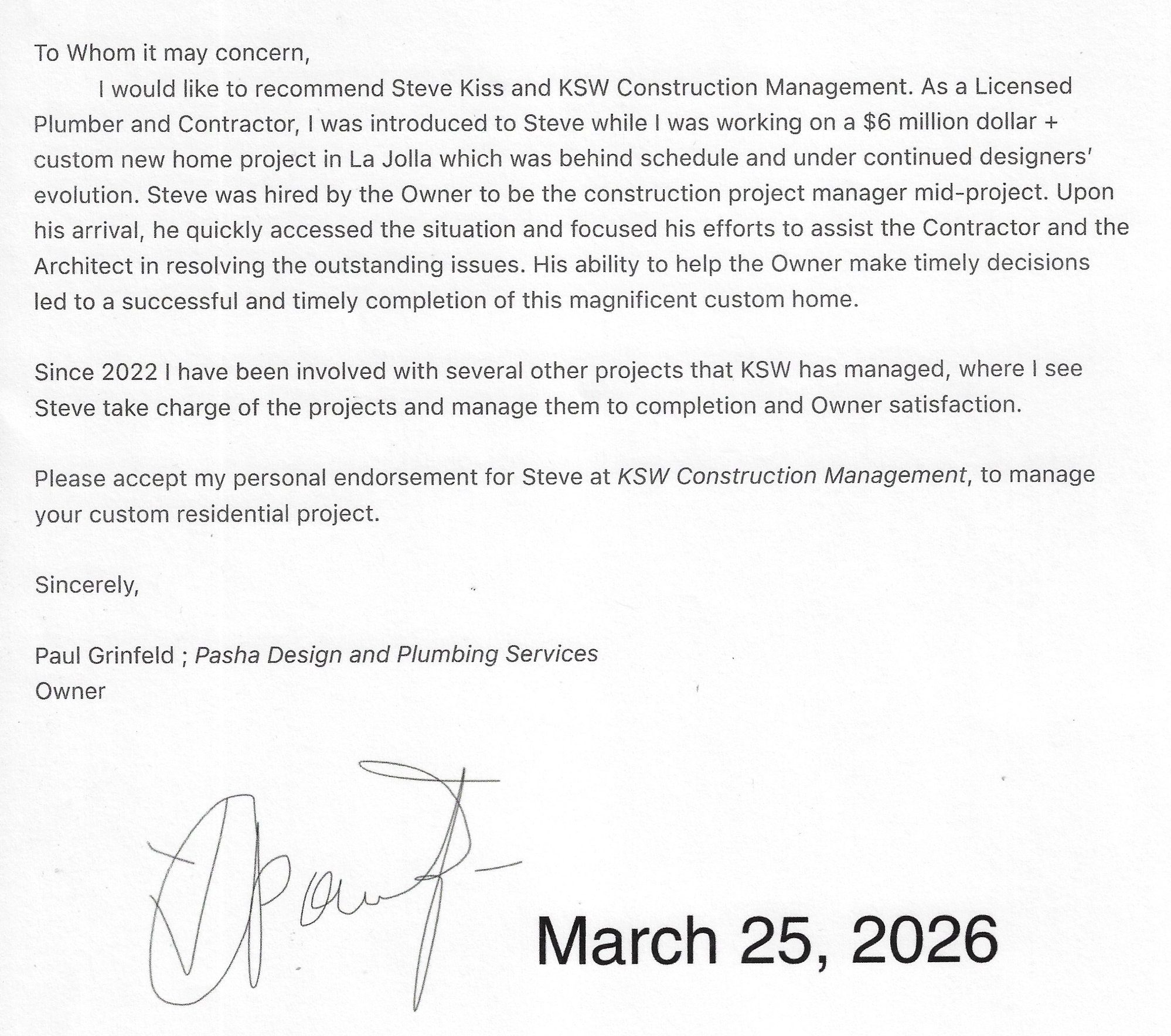 Letter of Recommendation from Paul Grinfeld, Pasha Design and Plumbing